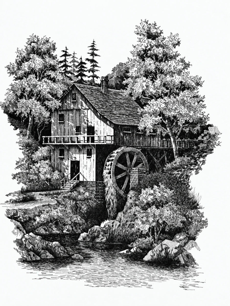 Old Water Mill, black-and-white print of a pen-and-ink drawing: a timber water mill with a large wooden wheel, framed by leafy trees and tall firs above a rocky stream