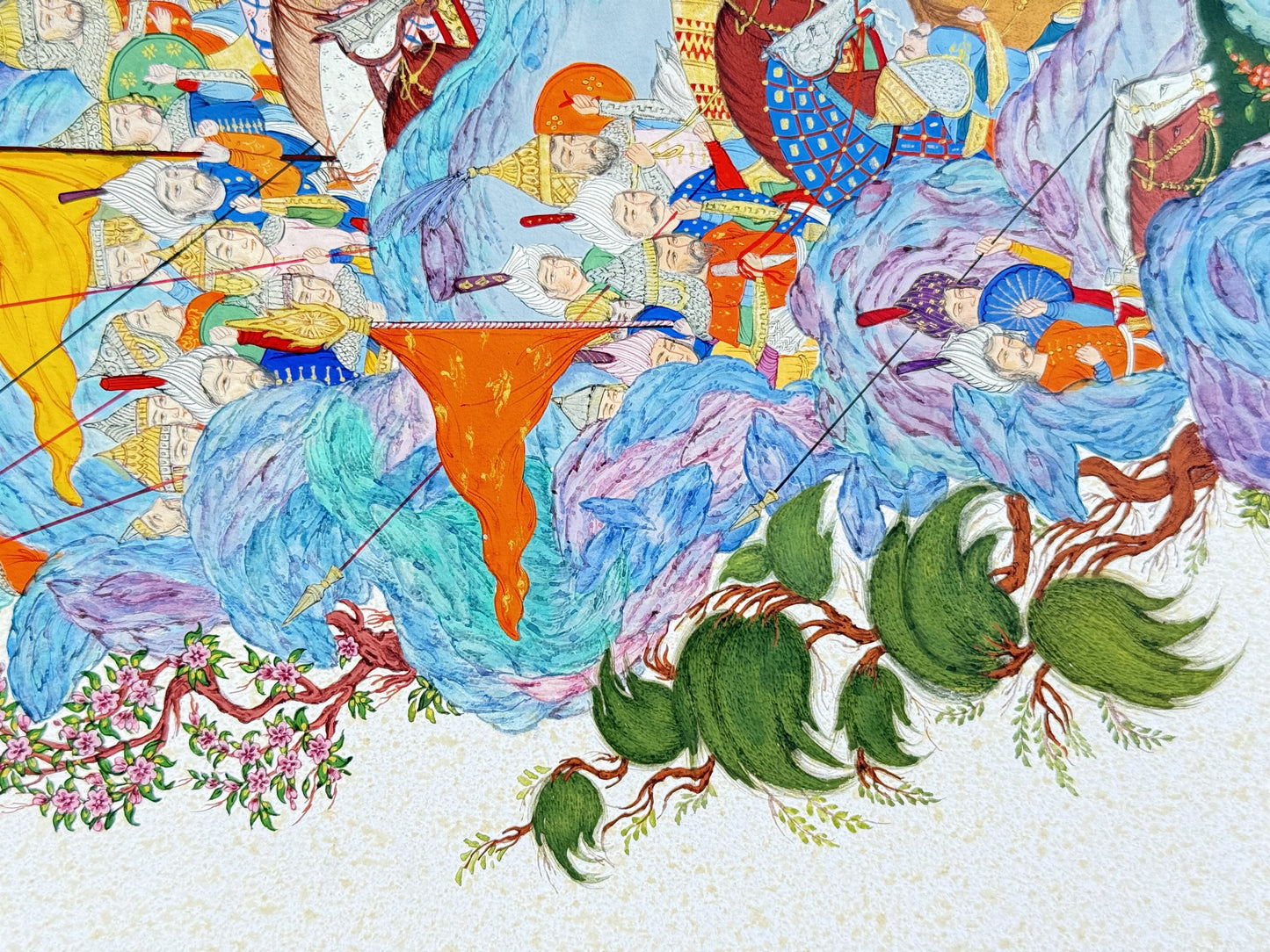 Detail of Naghsh-e Khial by Kamal al-Din Ghotb: ranks of turbaned soldiers with lances and an orange pennant above the lower margin, where pink blossom branches and green trees meet the speckled cream paper