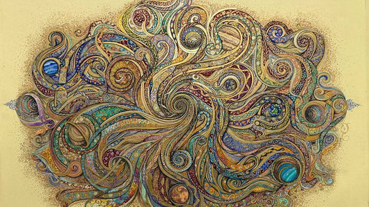 A painting by Darya of striped and marbled planets inside sweeping bands of gold ornament filled with small flowers and vines, on cream-gold paper.