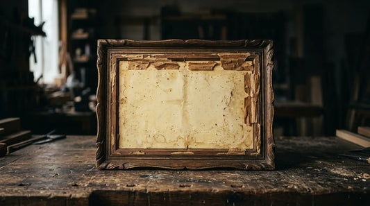 An old frame opened on a bench showing yellowed backing board and tape