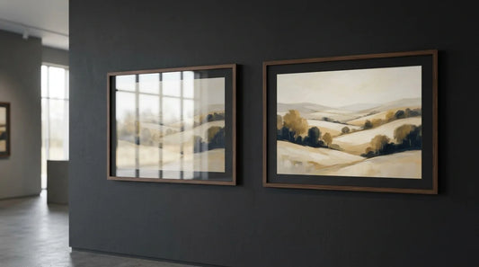 Two framed pictures side by side on a dark wall, one reflecting a window and one clear