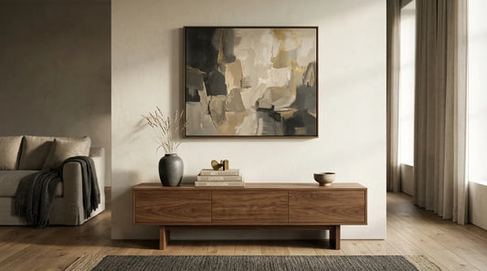 A framed painting hanging above a low walnut console in a calm room