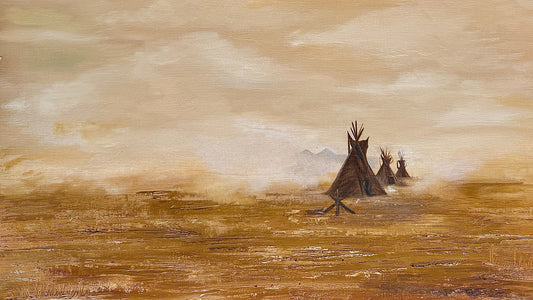 An oil painting by Phaedra of a wide, dry plain under a pale sky, with three dark, tent-like shapes in a row at the lower right.