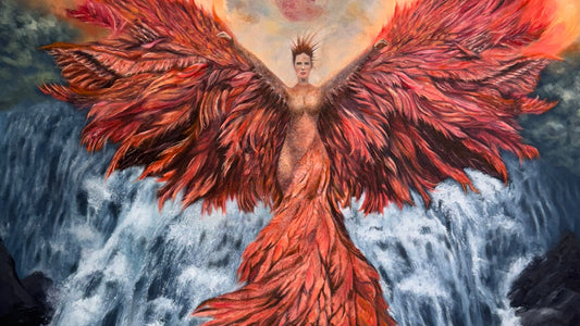 A winged figure with a human head and torso rises from a fiery, feathered form above a waterfall, in an oil painting by Melina Ghaemi.