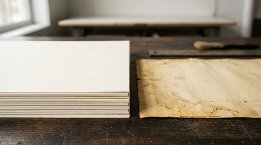 A stack of cream conservation mat board beside a sheet of yellowed old backing card