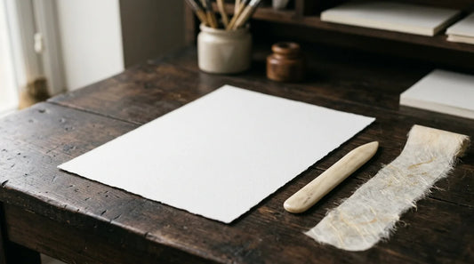 A sheet of heavy watercolour paper on a bench beside a bone folder and hinging tissue