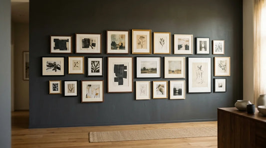 A gallery wall of mixed framed works on a dark wall