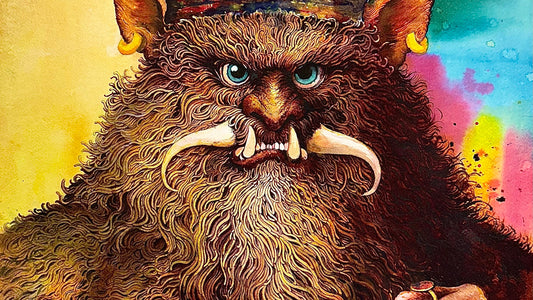 A watercolour and ink painting by Amir Fazelian of a large horned creature with a crown, blue eyes and two white tusks, with a hand reaching over a chessboard at the lower right.