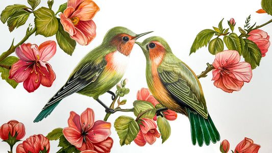A colored pencil work by Phaedra: two birds face each other on a branch of coral and deep pink flowers, with their beaks close together, on a white ground.