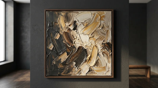 A thickly painted oil on canvas on a dark wall, lit from the side so the paint texture is visible