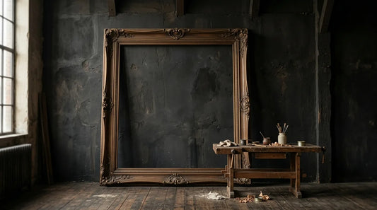 A very large empty frame leaning against a tall studio wall