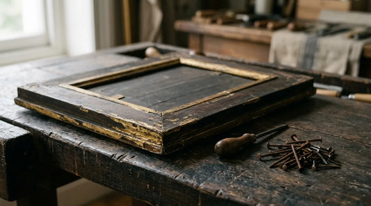 An old gilded frame face down on a bench beside a screwdriver and rusted nails
