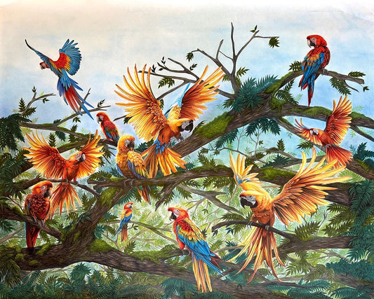 Symphony of the Wild by Phaedra, a large colored pencil artwork of blue, red, and golden macaws perched and flying through a dense green jungle canopy.