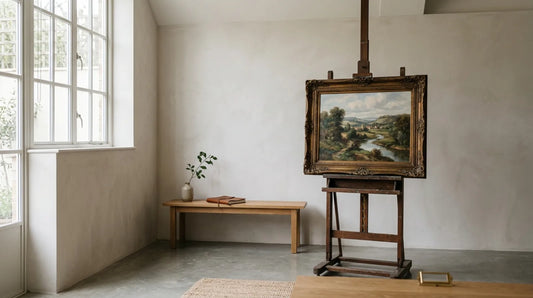 A single framed original oil landscape painting on an easel in a quiet gallery corner