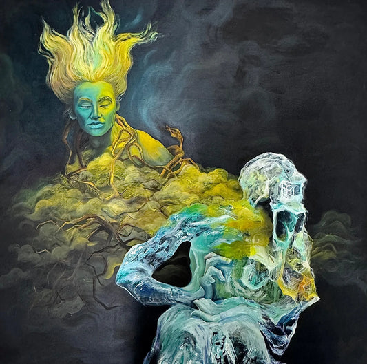 Original oil painting on canvas by Roshan, hung on a pale gallery wall