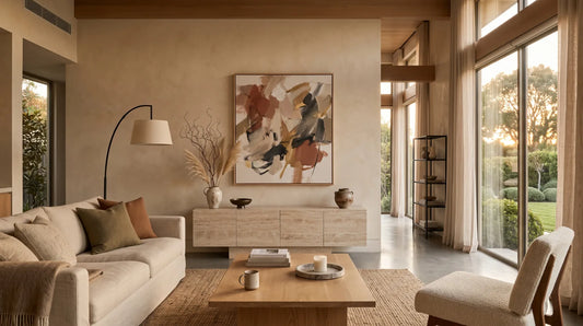 Original abstract painting curated above a travertine sideboard in a high-end modern living room