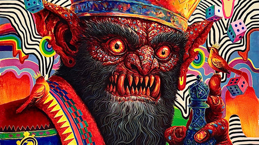 A tall acrylic painting by Amir Fazelian: a red-skinned monster with orange eyes and sharp teeth wears a crown and a pearl necklace and holds a blue chess piece, with dice and black and white stripes behind it.