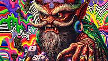 A horned, red-skinned figure with a long white beard and a jewelled crown holds three white dice, in an acrylic painting by Amir Fazelian.