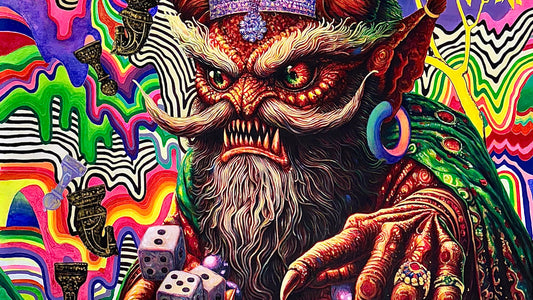 A horned, red-skinned figure with a long white beard and a jewelled crown holds three white dice, in an acrylic painting by Amir Fazelian.