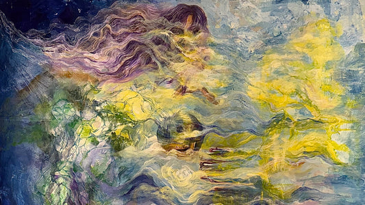 A square acrylic painting by Roshan: a figure with long purple hair at the upper left, partly covered by waves of yellow and light blue, above green and dark blue lines like tangled roots.