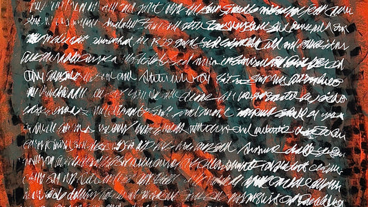 A large acrylic painting by Peyman Mehdizadeh: horizontal lines of white script that cannot be read cover a textured ground of orange-red and teal-green, with black shapes and splatters.