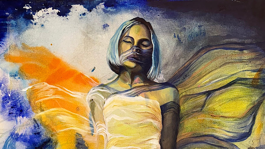 An acrylic painting by Roshan of a woman shown from the waist up, with closed eyes and a dark cloth across the lower half of her face, between orange and blue strokes and yellow and green shapes like wings.