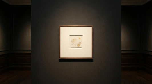 A small work on paper in a wide cream mat, on a dark wall