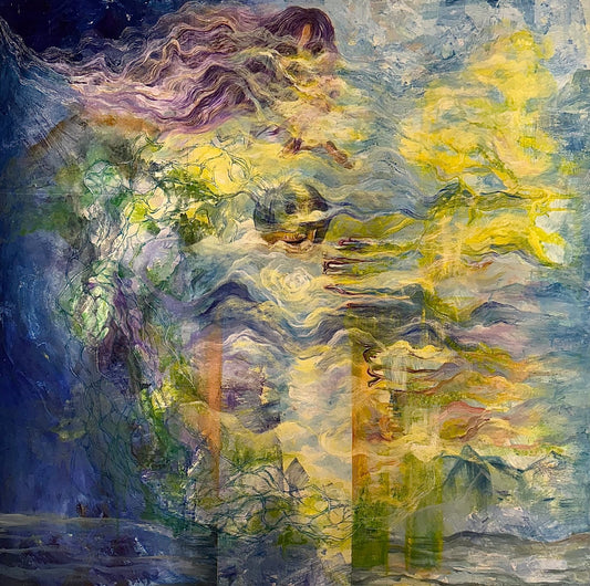 The Secret of Creation by Roshan, an original mixed media painting of swirling purple, yellow, and blue forms around a figure with flowing purple hair