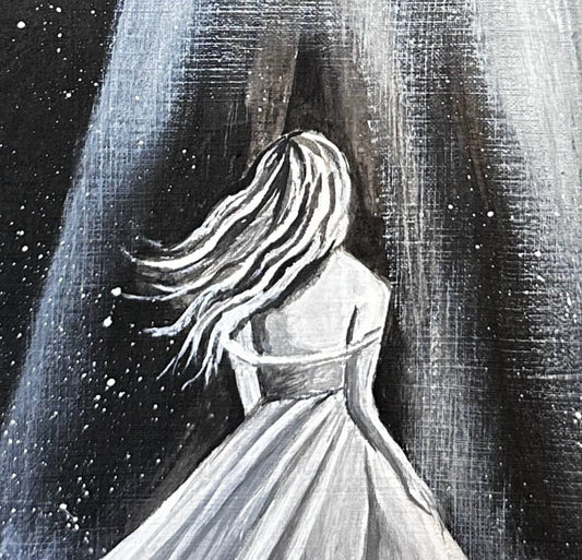 The Chosen One by Nahira, a black, white and grey acrylic painting of a woman in a flowing white gown seen from behind, gazing up into a beam of light from a dark UFO in a starry sky.
