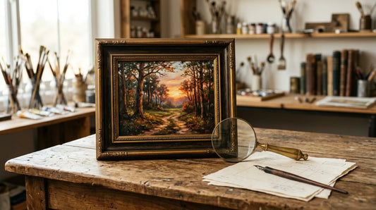 An original framed painting on a workshop table beside a magnifying glass and appraisal paperwork