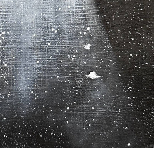 Weightless Farewell by Nahira, a black and white acrylic painting of a figure in a flowing white gown rising toward the light beam of a ringed flying saucer in a starry night sky.