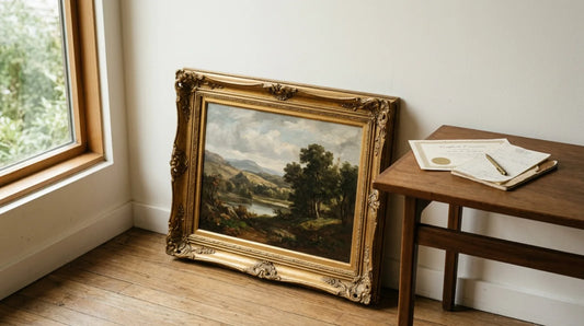 Framed original oil painting leaning against a gallery wall next to a certificate of authenticity and receipt