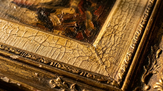 Macro detail of craquelure cracking in an old oil painting's varnish and paint layer