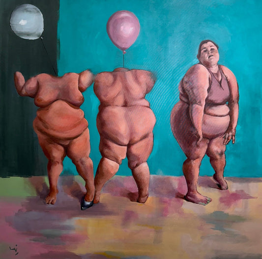 Modern Human by Nima Khodayar, an original acrylic painting of three figures with floating balloons against a teal and green background