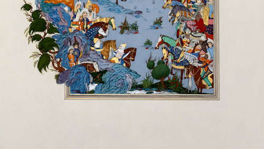 Two armies of riders face each other across a pale blue plain, in a Persian miniature in oil and gold by Kamal al-Din Ghotb.