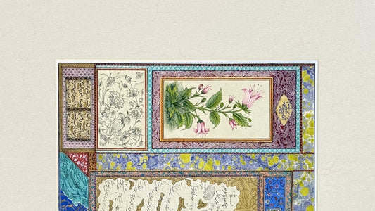 An album page by Kamal al-Din Ghotb: a youth in a pale blue robe plays the panpipes below a gold-ground calligraphy panel, a study of pink lilies and an ink drawing of a bird, with marbled paper and painted borders between the panels.