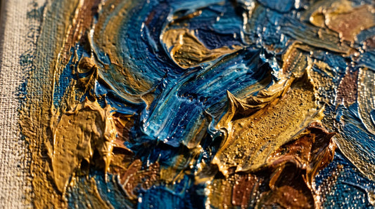 Macro close-up of thick oil paint brushstrokes on canvas showing the texture of an original artwork