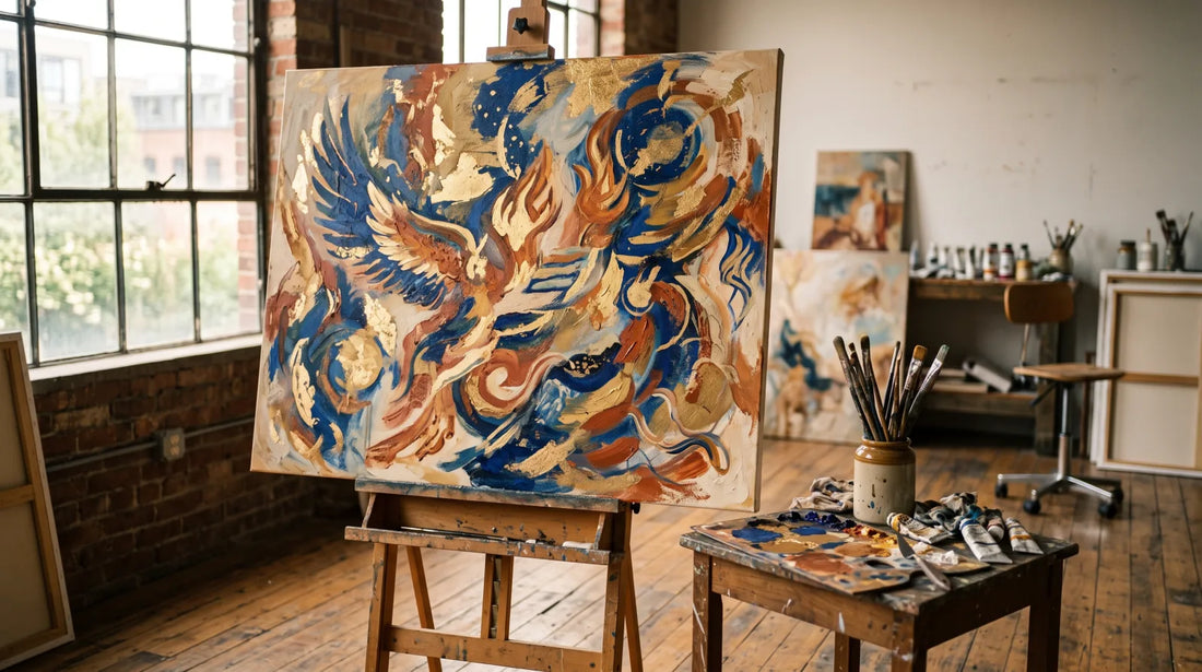 Contemporary abstract painting with Persian mythology motifs in lapis blue and gold on an easel in an artist's studio