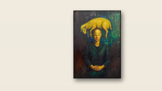 The Weight of Suffering, an original oil painting by Phaedra, shown on a gallery wall