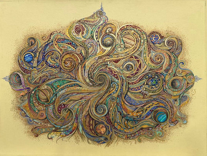 Celestial Garden by Darya - original Persian negargari in oil and gold on paper, 30 x 40 cm: a cloud-shaped mass of swirling gold bands filled with floral ornament, with small planets set among the spirals, on a cream-gold ground