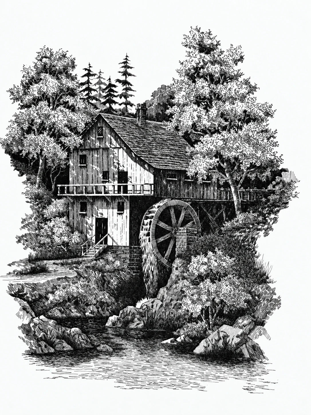Old Water Mill, black-and-white print of a pen-and-ink drawing: a timber water mill with a large wooden wheel, framed by leafy trees and tall firs above a rocky stream