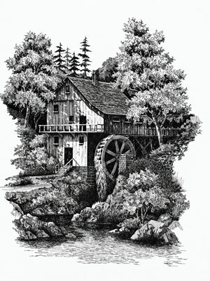 Old Water Mill: Detailed Pen-and-Ink Landscape Print