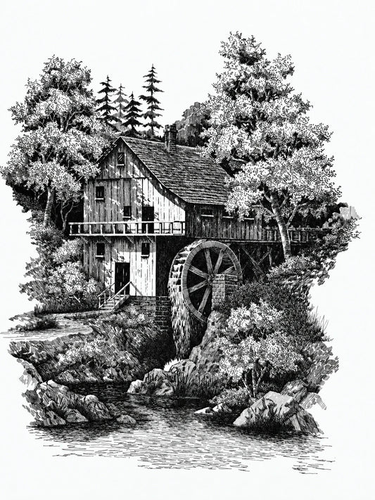 Old Water Mill, black-and-white print of a pen-and-ink drawing: a timber water mill with a large wooden wheel, framed by leafy trees and tall firs above a rocky stream