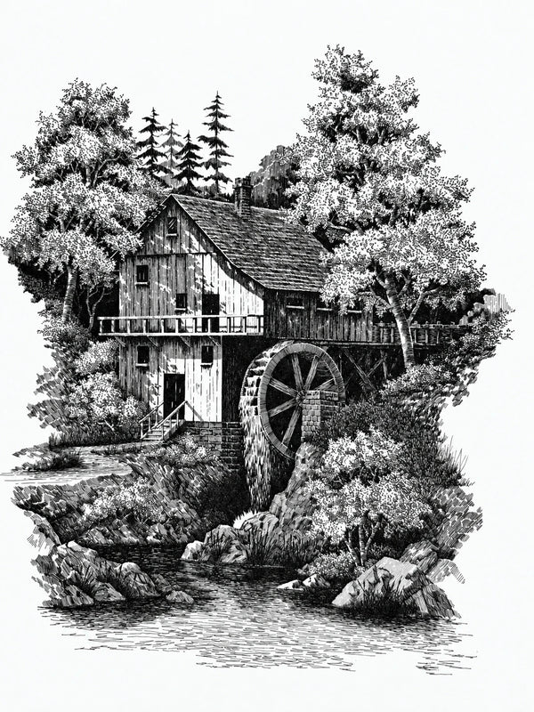 Old Water Mill, black-and-white print of a pen-and-ink drawing: a timber water mill with a large wooden wheel, framed by leafy trees and tall firs above a rocky stream