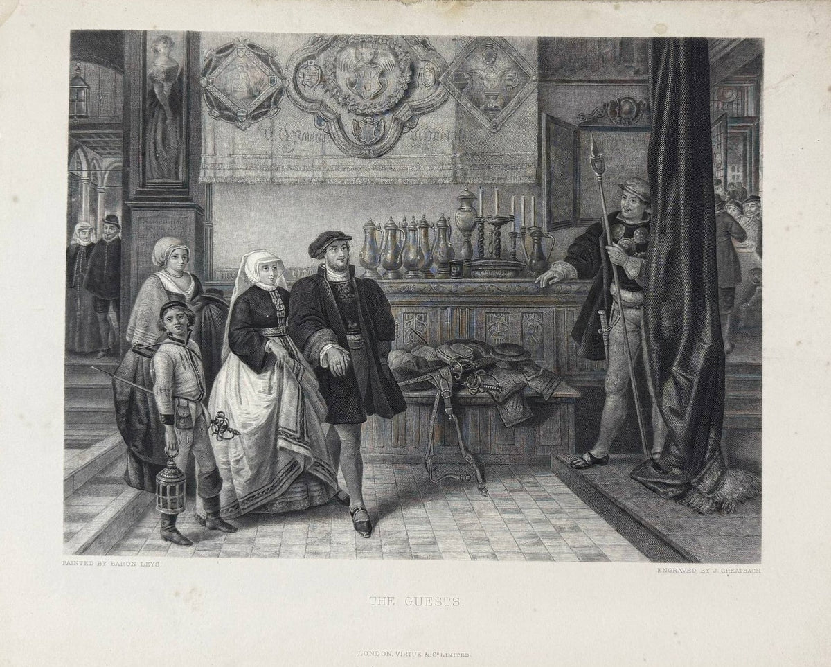 The Guests, antique 1881 steel engraving by J. Greatbach after Baron Henri Leys: full sheet showing a couple in 16th-century Flemish dress entering a hall with a page boy holding a lantern, a sideboard of pewter flagons and a guard with a halberd beside a dark curtain