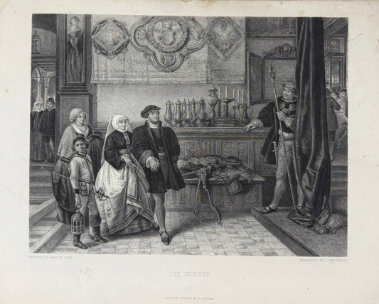 The Guests, antique 1881 steel engraving by J. Greatbach after Baron Henri Leys: full sheet showing a couple in 16th-century Flemish dress entering a hall with a page boy holding a lantern, a sideboard of pewter flagons and a guard with a halberd beside a dark curtain