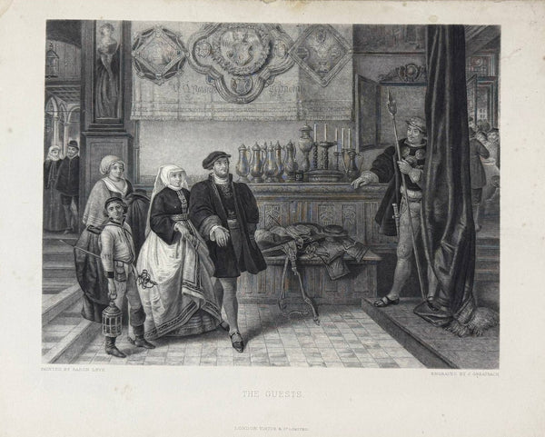 The Guests, antique 1881 steel engraving by J. Greatbach after Baron Henri Leys: full sheet showing a couple in 16th-century Flemish dress entering a hall with a page boy holding a lantern, a sideboard of pewter flagons and a guard with a halberd beside a dark curtain
