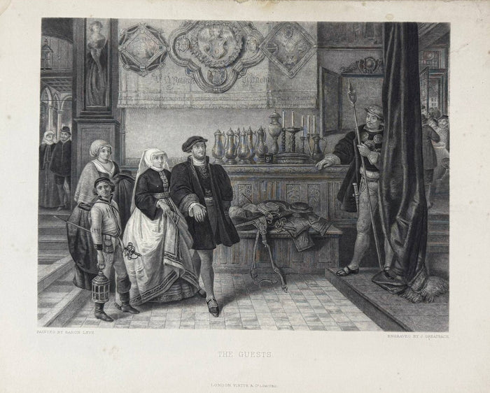 The Guests, antique 1881 steel engraving by J. Greatbach after Baron Henri Leys: full sheet showing a couple in 16th-century Flemish dress entering a hall with a page boy holding a lantern, a sideboard of pewter flagons and a guard with a halberd beside a dark curtain