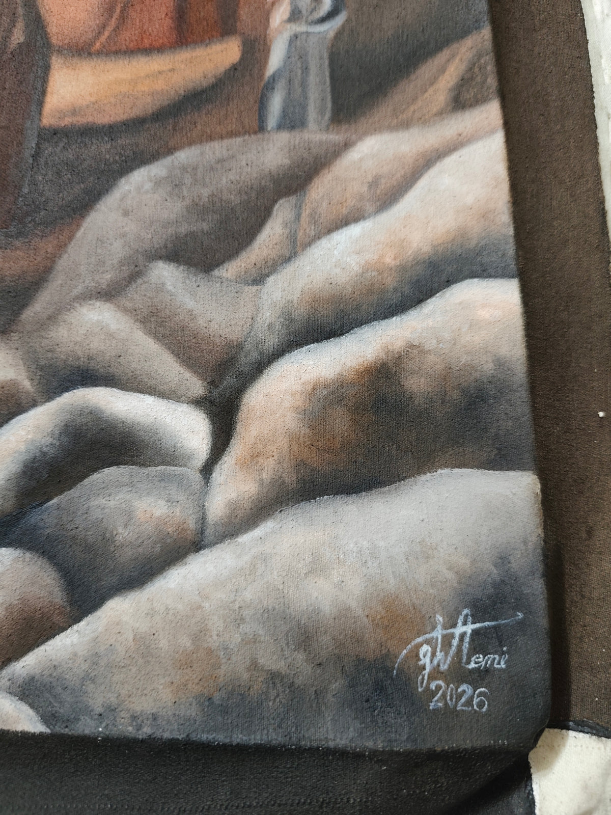 Signature detail of Why 12? - the artist's signature and the year 2026 painted in white over rendered grey rocks at the lower right corner of the canvas.