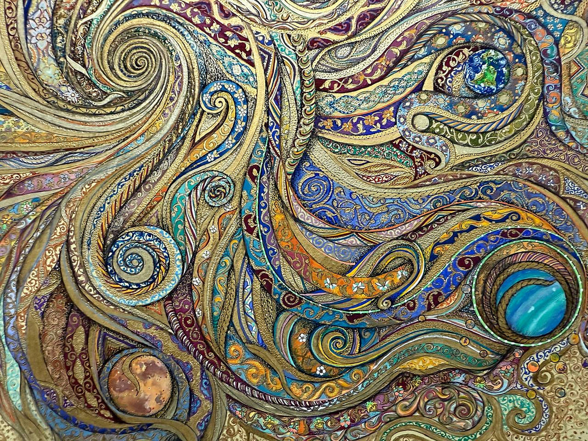 Detail of Celestial Garden by Darya: gold spirals and ornamented ribbons in blue, turquoise and burgundy, with a copper-brown planet at lower left, a small Earth at upper right and a turquoise planet at the right edge